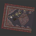 Patterned Blue Rug Displaying Multiple Gold Silver Trophies And Decorative Red Pink Edges