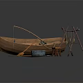 Traditional Wooden Boat with Oars Blue Bucket Small Stool and Fish Drying Rack