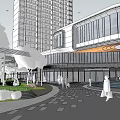 Modern Sales Office Building With Green Roof Large Glass Windows And Landscaped Central Plaza