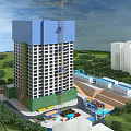Construction Site Featuring Tall Building Under Construction With Crane And Surrounding Green Spaces 3d model