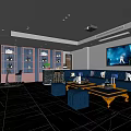 Modern KTV Interior With Large Screen TV Blue Lighting Luxury Sofa And Wine Cabinet