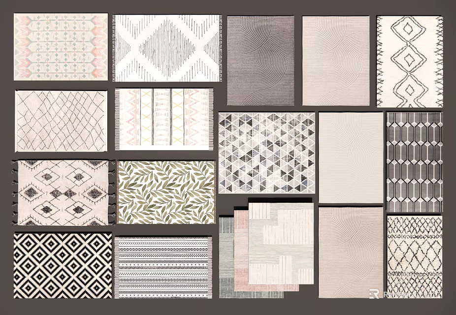 Square Rugs With Various Geometric And Leaf Patterns In Neutral Tones 3d model