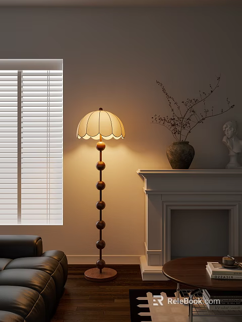 Floor Lamp With Wooden Spherical Pole And Light Colored Lampshade By Window Blinds Fireplace Mantel 3d model 