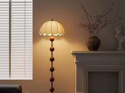 Floor Lamp With Wooden Spherical Pole And Light Colored Lampshade By Window Blinds Fireplace Mantel 3d model