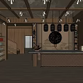 Reception Desk In Modern Chinese Style With Wooden Interior Circular Decor And Pendant Lights