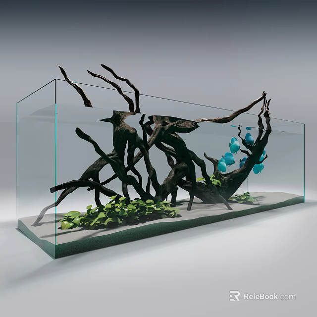 Glass Fish Tank With Driftwood Decorations Green Aquatic Plants Blue Ornaments And Sand Substrate 3d model 