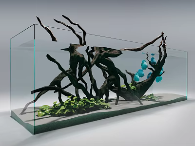 Glass Fish Tank With Driftwood Decorations Green Aquatic Plants Blue Ornaments And Sand Substrate 3d model