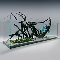 Glass Fish Tank With Driftwood Decorations Green Aquatic Plants Blue Ornaments And Sand Substrate