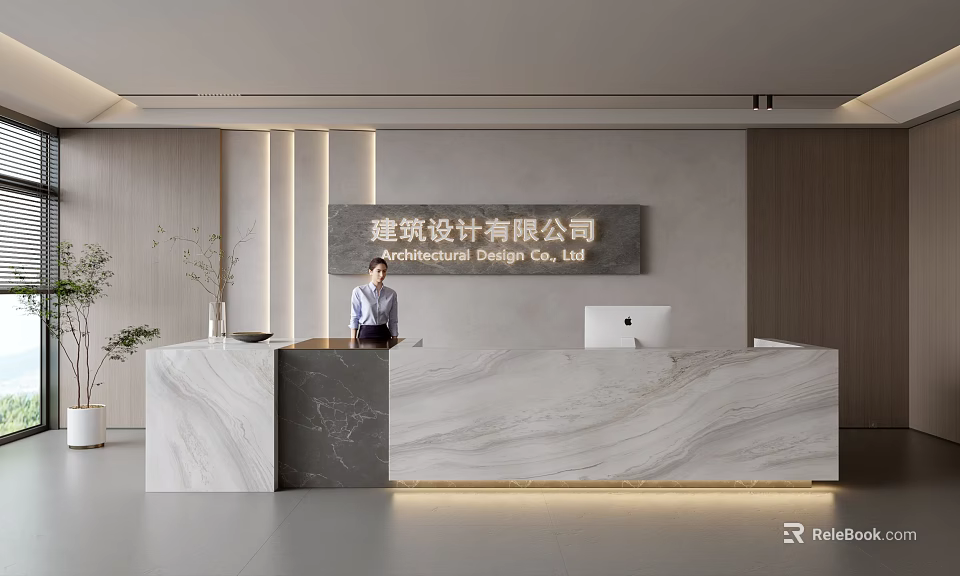 Modern Minimalist Reception Desk at Architectural Design Company with Marble Countertop Company Logo and Plants 3d model 
