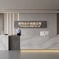Modern Minimalist Reception Desk at Architectural Design Company with Marble Countertop Company Logo and Plants