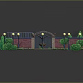 Outdoor Park Equipment With Lamp Posts Fountain Brick Archway And Green Lawn