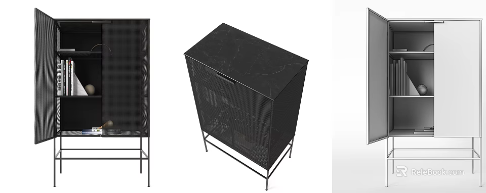 Modern Black Bookcase With Metal Frame Mesh Door Panels And Open Storage Shelves 3d model 