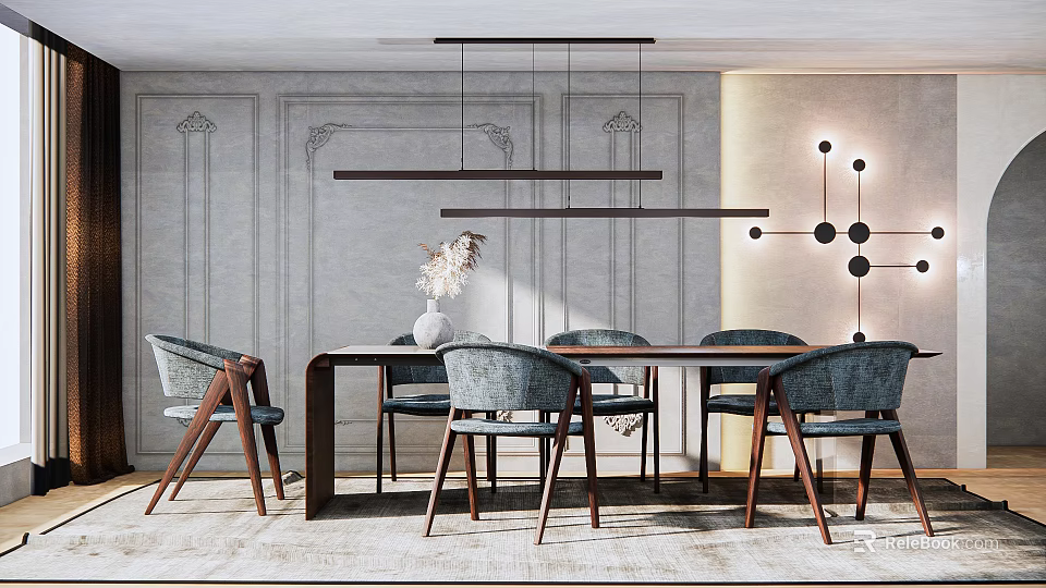 Modern Dining Table Set With Gray Chairs Wooden Legs And Hanging Pendant Lights 3d model 