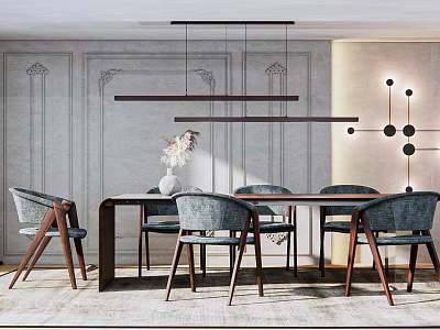 Modern Dining Table Set With Gray Chairs Wooden Legs And Hanging Pendant Lights 3d model