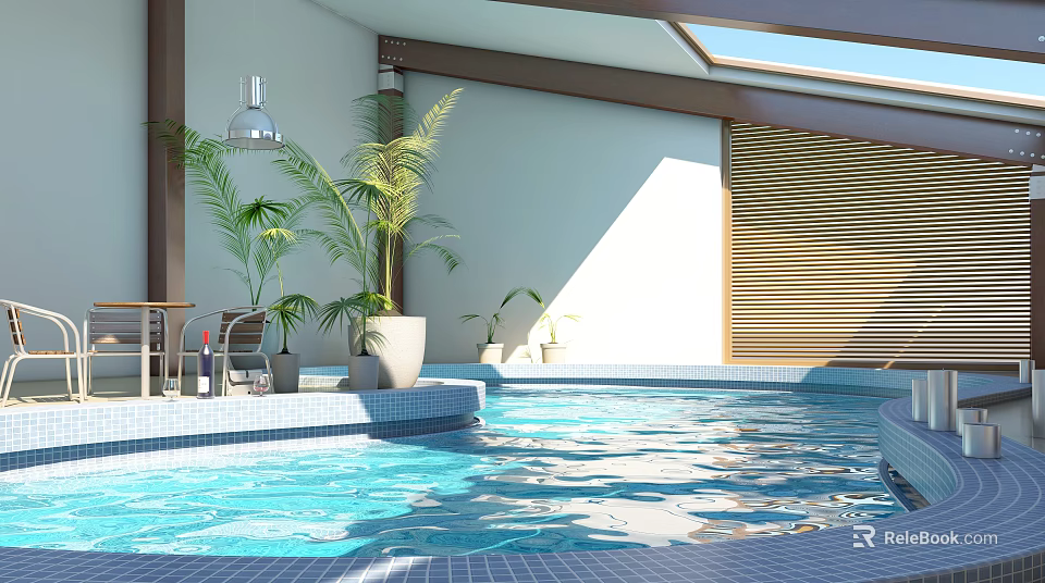 Bright Indoor Swimming Pool Interior With Plants Table Chairs Skylight And Wooden Blinds 3d model 