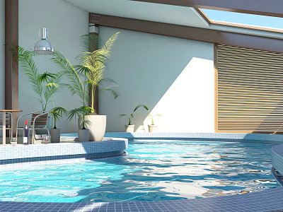 Bright Indoor Swimming Pool Interior With Plants Table Chairs Skylight And Wooden Blinds 3d model