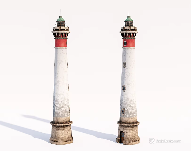 Two White Lighthouses With Red Accents Green Tops And Stone Bases 3d model 