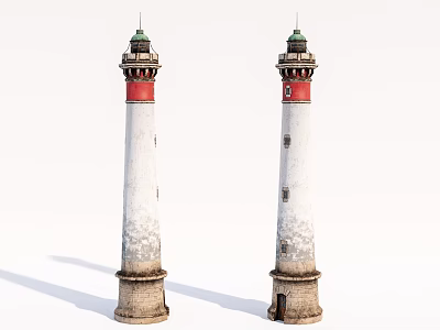 Two White Lighthouses With Red Accents Green Tops And Stone Bases 3d model