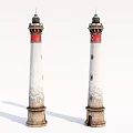 Two White Lighthouses With Red Accents Green Tops And Stone Bases