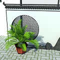 Chinese Garden Wall With Traditional Tile Roof Circular Lattice Window Green Palm Plant Red Flowerpot