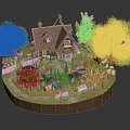 Charming Cartoon Scene Featuring Cute Cottage Colorful Trees Pink Flowers And White Picket Fence