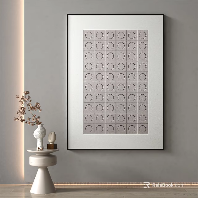 Minimalist Wall Art Circular Pattern White Frame With White Vase Dried Flowers Gray Wall 3d model