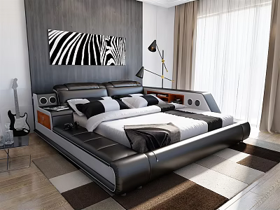 Modern Black Leather Double Bed With Zebra Print Wall Art Floor Lamp Guitar And Geometric Rug 3d model