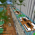 Luxury Resort Pool Area With Tall Buildings Palm Trees And Sun Loungers