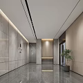 Modern Elevator Hallway With Sleek Stone Walls Recessed Lighting Polished Floor And Potted Plant
