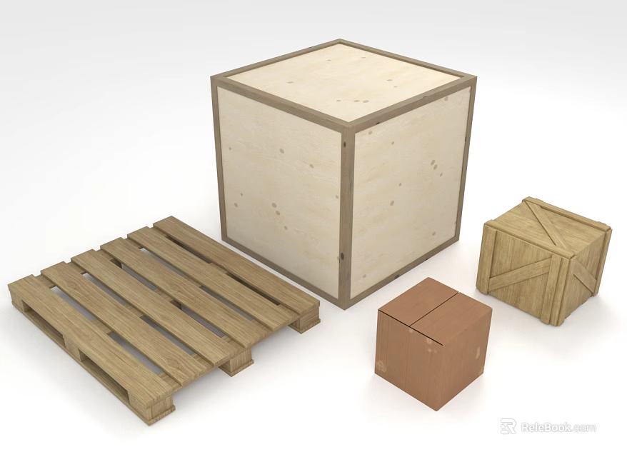Wooden Crate Pallet and Small Storage Boxes with Natural Wood Texture 3d model 