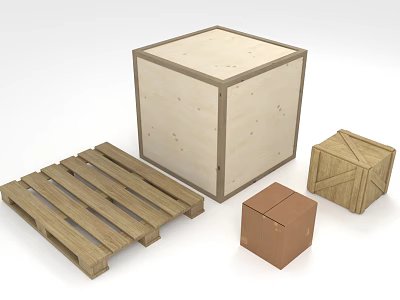 Wooden Crate Pallet and Small Storage Boxes with Natural Wood Texture 3d model