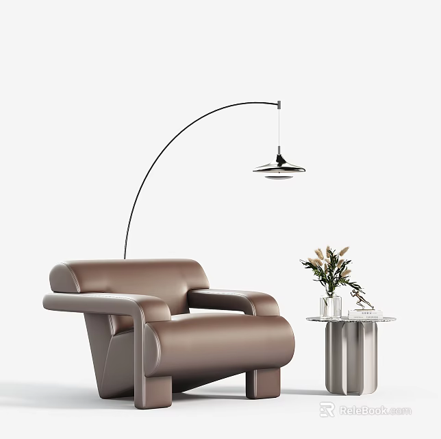 Modern Brown Leather Single Sofa With Arched Floor Lamp Side Table And Flowers 3d model