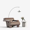 Modern Brown Leather Single Sofa With Arched Floor Lamp Side Table And Flowers 3d model