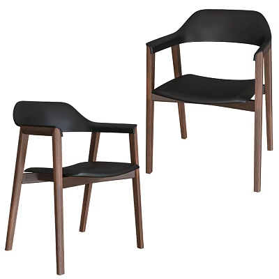 Modern Dining Chairs With Wooden Legs Black Leather Seats And Armrests 3d model