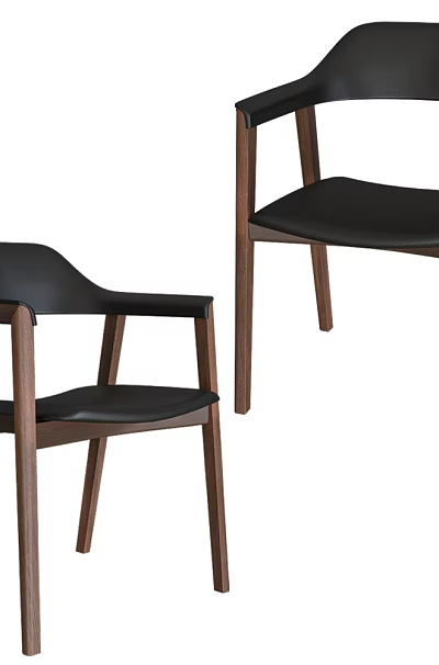 Modern Dining Chairs With Wooden Legs Black Leather Seats And Armrests 3d model