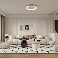 Modern Living Dining Room Interior With Beige Sofa Cross Pattern Rug Green Cabinets And Ceiling Light