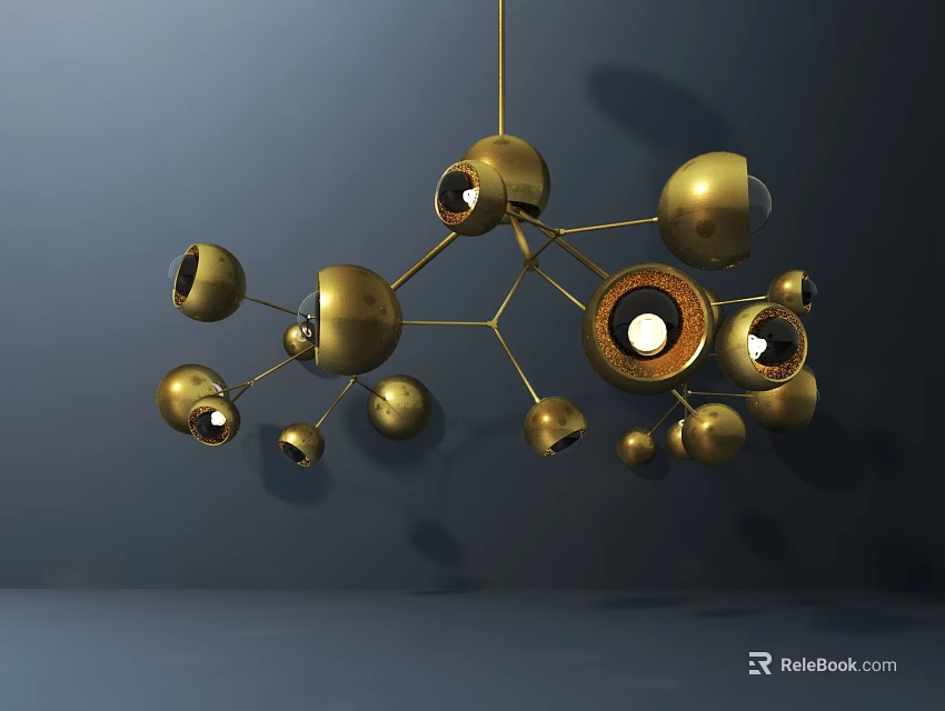 Golden Spherical Chandelier Design With Multiple Illuminated Spheres And Modern Structure 3d model 