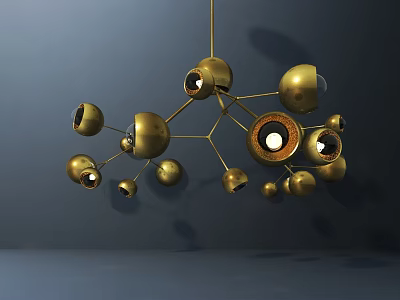 Golden Spherical Chandelier Design With Multiple Illuminated Spheres And Modern Structure 3d model