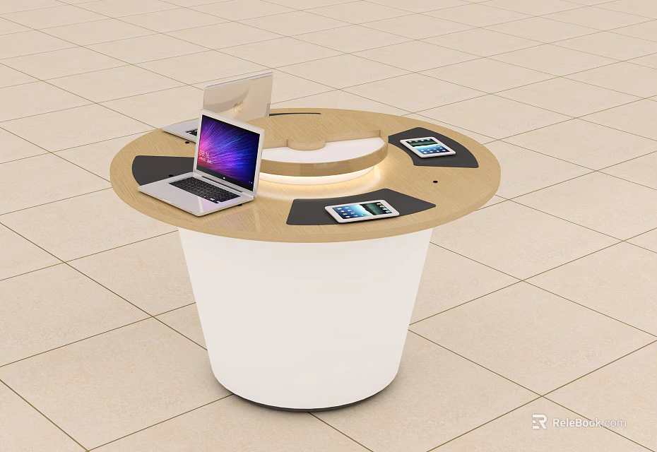 Round Modern Functional Table With Laptop Tablets And Electronic Devices On Surface 3d model
