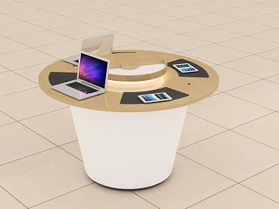 Round Modern Functional Table With Laptop Tablets And Electronic Devices On Surface 3d model