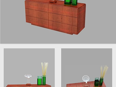 Modern Wooden Entryway Console Cabinet And Side Table With Drawers And Green Decorative Bottles 3d model