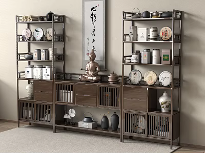 Traditional Chinese Antique Wooden Display Shelf With Porcelain Tea Sets Vases Buddha Statue And Calligraphy 3d model