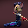 Cartoon Style Cat Game Character Wearing Vest Tie Red Gloves Arms Outstretched Holding Blue Tool