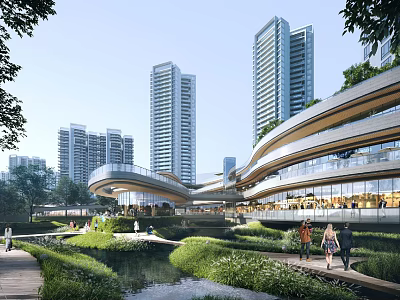 Scenic Modern Commercial Street With High Rise Buildings Greenery Water Stream And Pedestrian Walkways 3d model