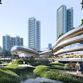 Scenic Modern Commercial Street With High Rise Buildings Greenery Water Stream And Pedestrian Walkways