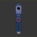 Blue Modern Pistol with Yellow Accents Red Button and Warning Symbol in Futuristic Design