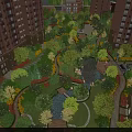 Urban Garden Landscape With High Rise Buildings Lush Plants Winding Paths And Water Ponds