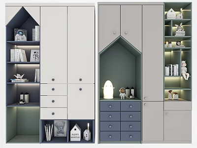 Modern Wardrobe With White Gray Green Blue Design Open Shelves Drawers And Decorative Items 3d model