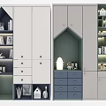 Modern Wardrobe With White Gray Green Blue Design Open Shelves Drawers And Decorative Items
