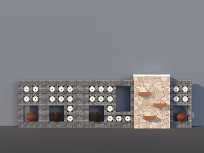 Gray Brick Background Wall With Decorative Niches Circular Ornaments Clay Pots And Stone Textured Panel 3d model
